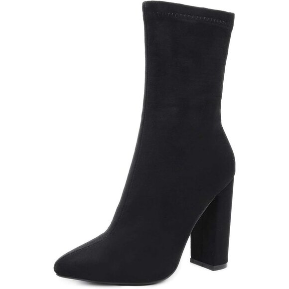⚡Women's Black Chunky Heels Pointed Toe Ankle Bootie High Heeled Winter Boot - Picture 1 of 6